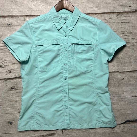 LL Bean Tops - LL Bean Womens Aqua Blue Short Sleeve Collared Button Up Shirt M REG
